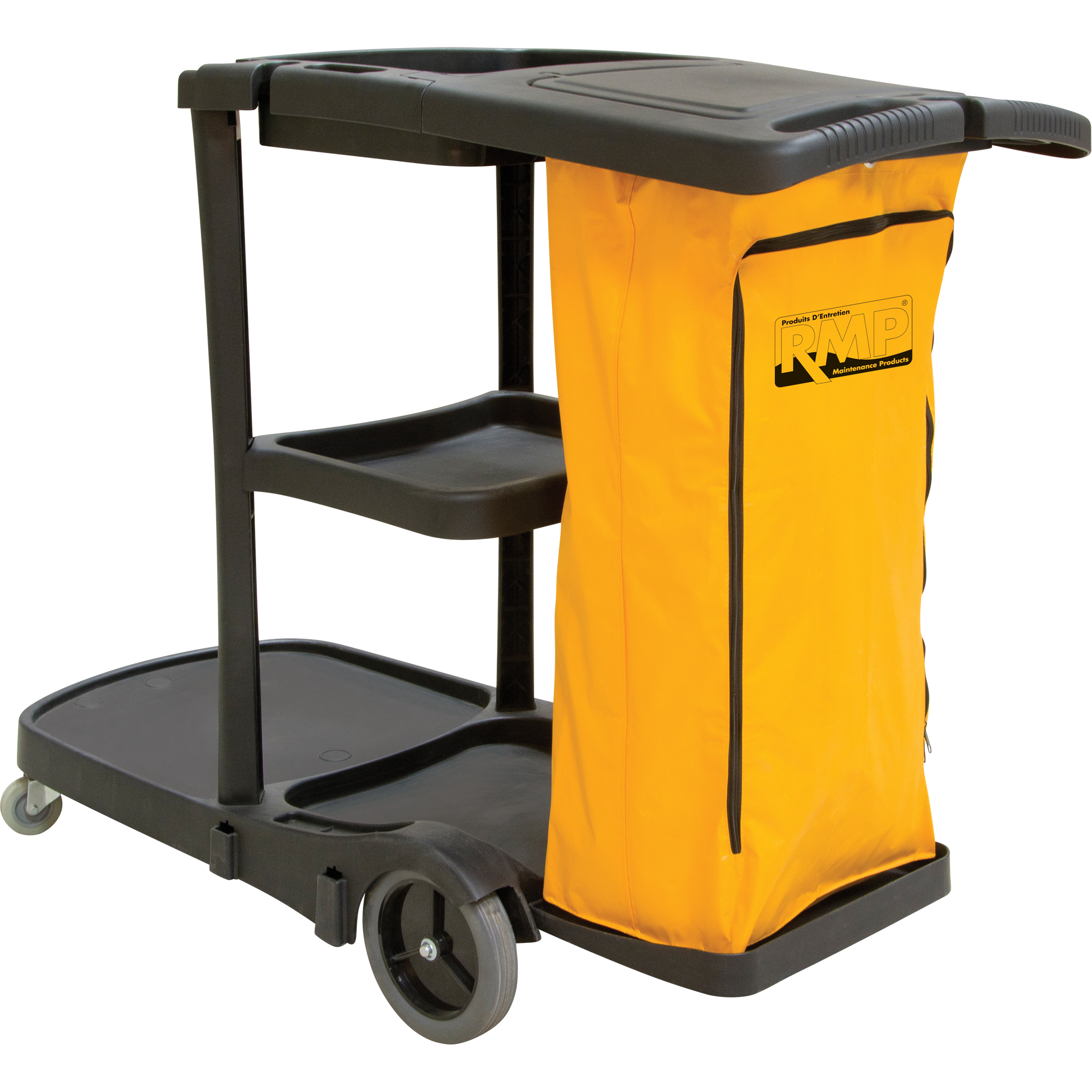 RMP® Janitor Cleaning Cart, W/Bag, Plastic, Black, 51" x 20" x 38"